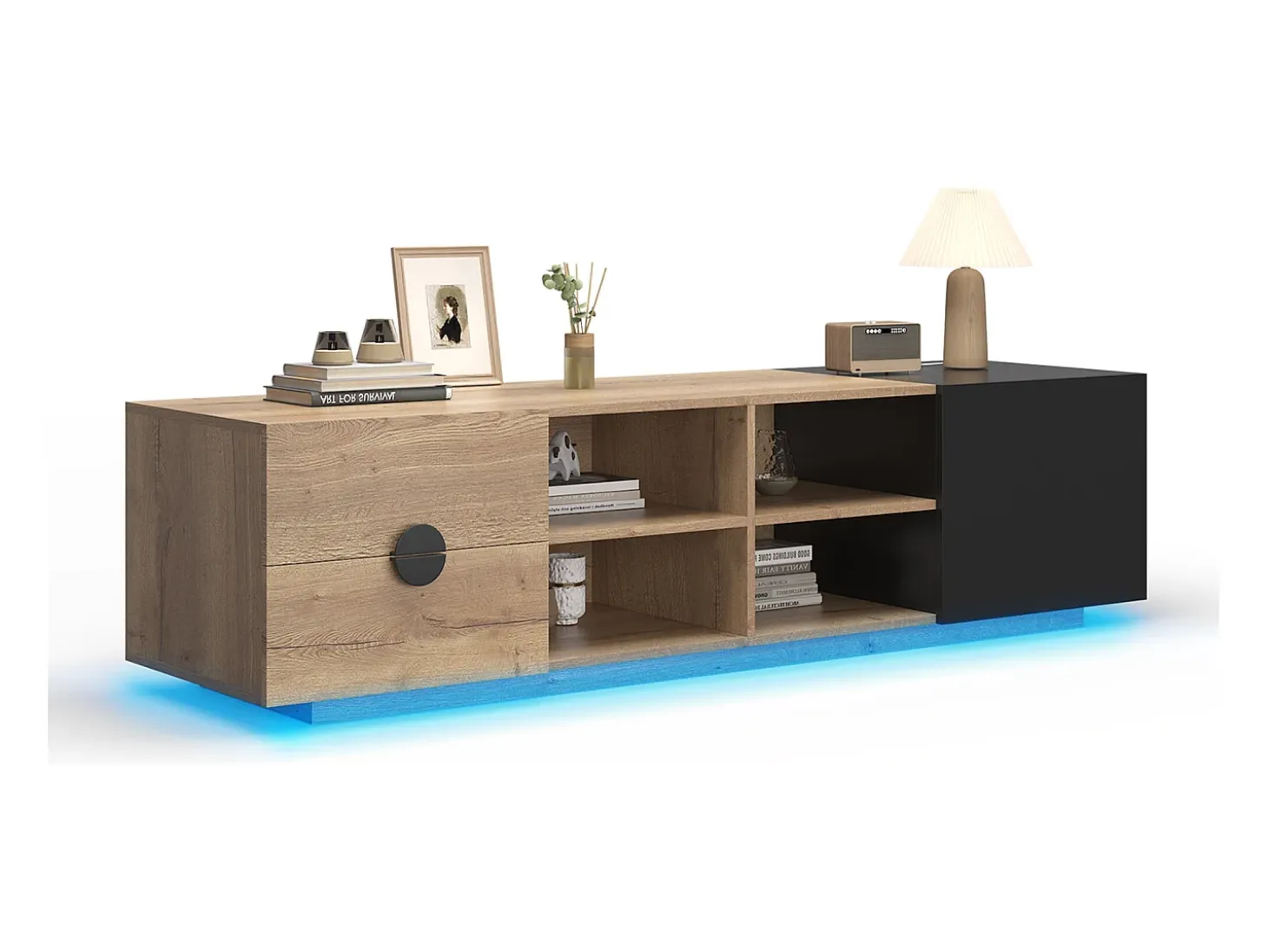 Suporte para TV com iluminação LED, 2 gavetas e uma porta - Cor: Madeira e preto
