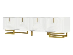 Suporte para TV com portas texturizadas, armário baixo com gavetas, puxadores dourados e pés dourados (branco)