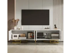 Suporte para TV com portas texturizadas, armário baixo com gavetas, puxadores dourados e pés dourados (branco)