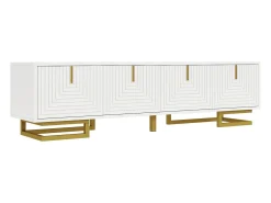 Suporte para TV com portas texturizadas, armário baixo com gavetas, puxadores dourados e pés dourados (branco)