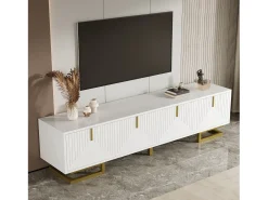 Suporte para TV com portas texturizadas, armário baixo com gavetas, puxadores dourados e pés dourados (branco)