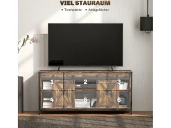 Suporte para TV com prateleiras ajustáveis, portas estilo celeiro, estrutura metálica, acabamento rústico em marrom e preto.