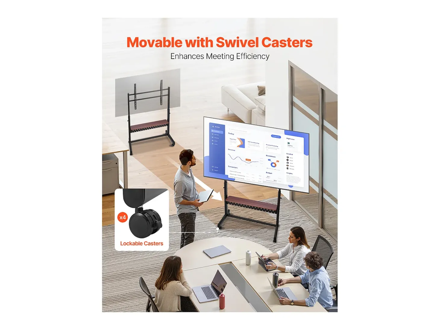 Suporte para TV com Rodas SucceBuy, para Televisores/LED/LCD/OLED (139,7-254 cm), Carrinho Portátil, Até 92,99 kg, VESA 80x60 cm, Sala de Estar/Escritório/Exterior