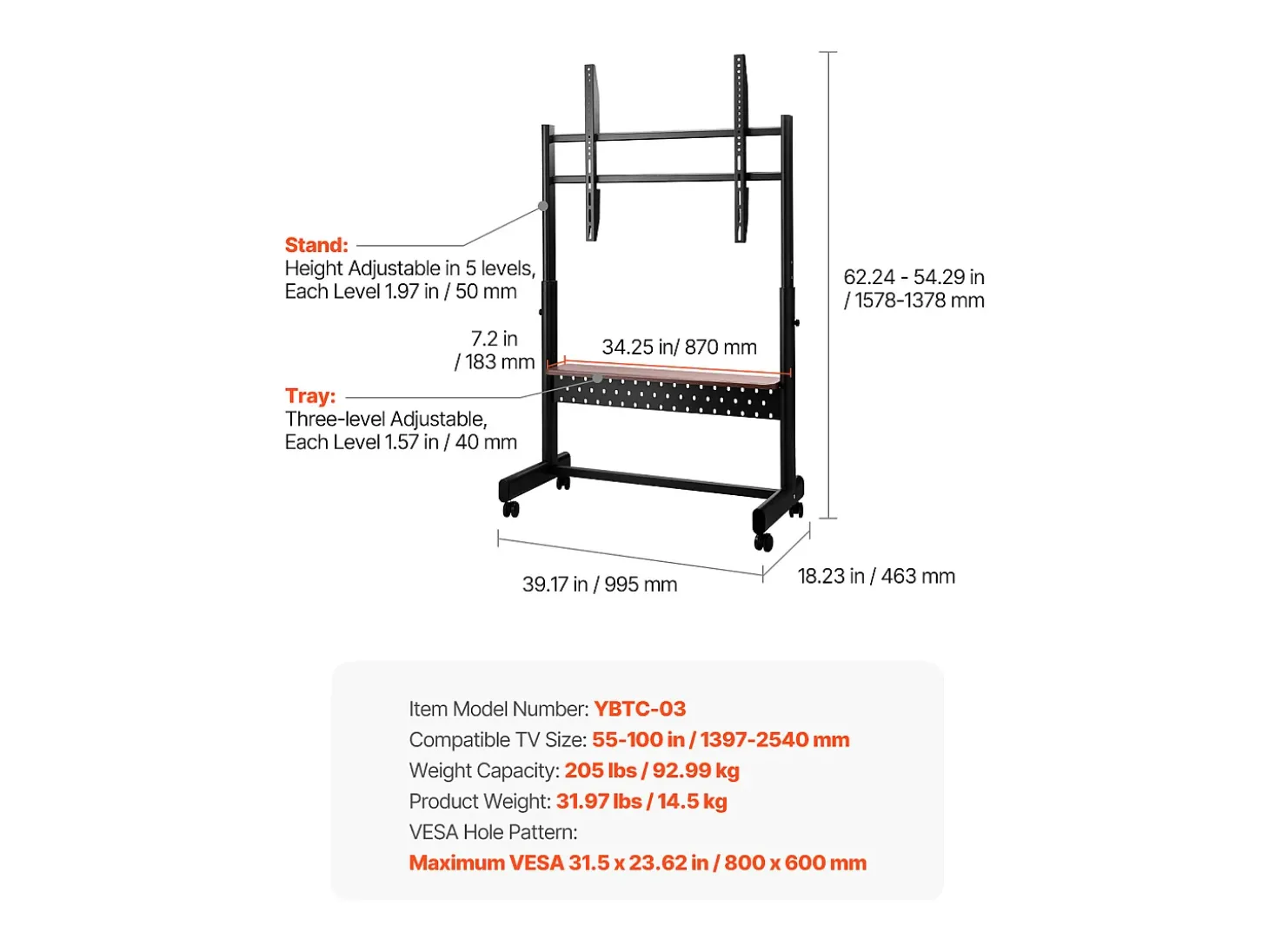 Suporte para TV com Rodas SucceBuy, para Televisores/LED/LCD/OLED (139,7-254 cm), Carrinho Portátil, Até 92,99 kg, VESA 80x60 cm, Sala de Estar/Escritório/Exterior