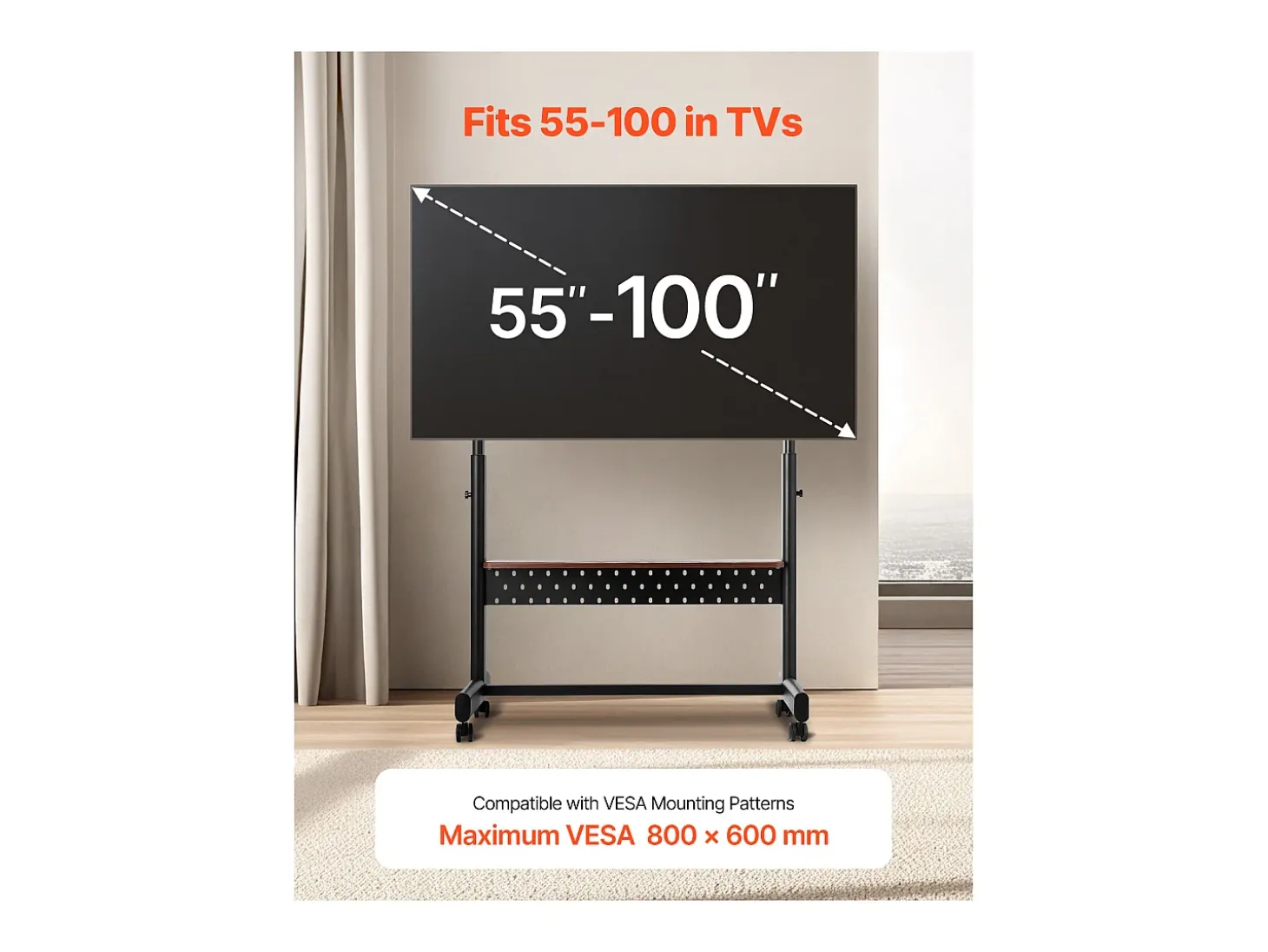 Suporte para TV com Rodas SucceBuy, para Televisores/LED/LCD/OLED (139,7-254 cm), Carrinho Portátil, Até 92,99 kg, VESA 80x60 cm, Sala de Estar/Escritório/Exterior