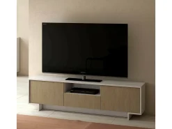 Suporte para TV Darrighin, Suporte para TV para ala de etar, Aparador baixo para ala de etar com 2 porta e 1 gaveta, 100% Made in Italy, 170x42h48 cm, Branco e Bege