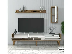 Suporte para TV Dbrunozz, CreDenza de sala, Armário baixo para TV, Base de parede equipada, 180x45h35 cm, Branco e Nogueira
