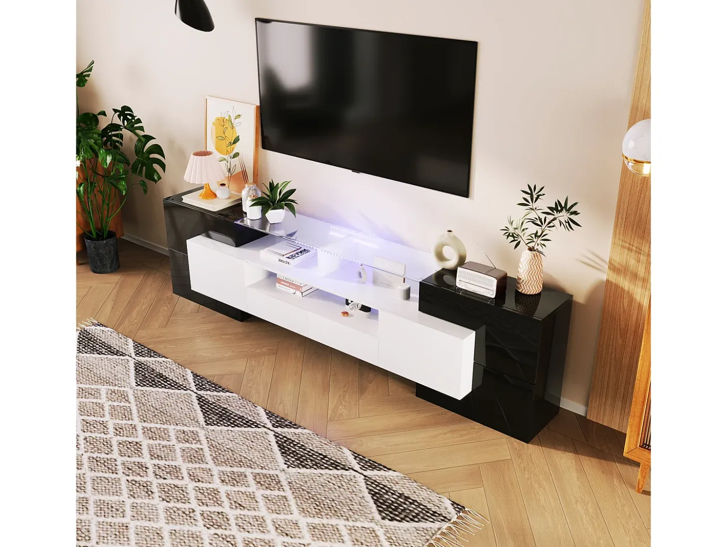 Suporte para TV de 200 cm - Suporte para TV baixo e elegante - Acabamento brilhante com iluminação LED - Superfície de vidro estilosa - Preto