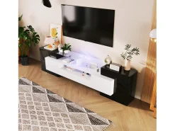 Suporte para TV de 200 cm, acabamento brilhante com iluminação LED, móvel para sala de estar, elegante superfície de vidro, preto.