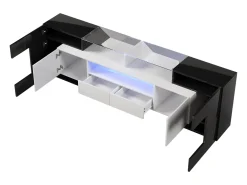Suporte para TV de 200 cm, acabamento brilhante com iluminação LED, móvel para sala de estar, elegante superfície de vidro, preto.