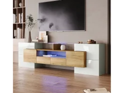 Suporte para TV de 200 cm com iluminação LED, móvel para sala de estar, design moderno, elegante superfície de vidro, cor madeira.
