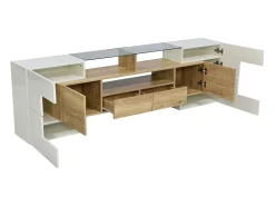 Suporte para TV de 200 cm com iluminação LED, móvel para sala de estar, design moderno, elegante superfície de vidro, cor madeira.