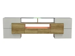 Suporte para TV de 200 cm com iluminação LED, móvel para sala de estar, design moderno, elegante superfície de vidro, cor madeira.
