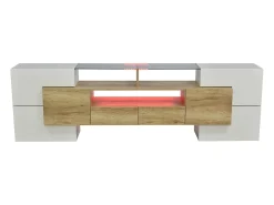 Suporte para TV de 200 cm com iluminação LED, móvel para sala de estar, design moderno, elegante superfície de vidro, cor madeira.