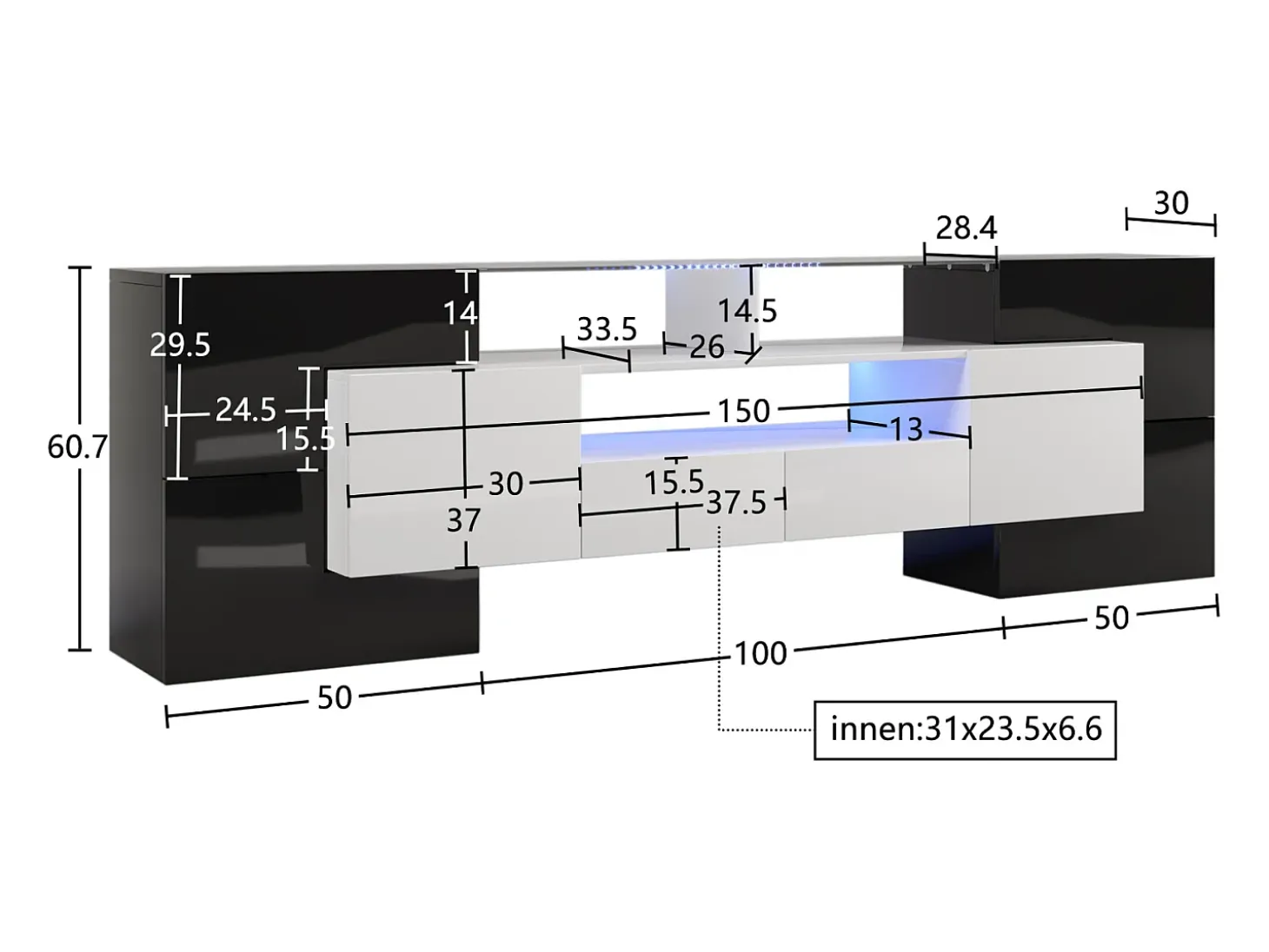 Suporte para TV de 200 cm com iluminação LED, móvel para sala de estar, design moderno, elegante superfície de vidro, preto.