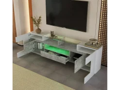 Suporte para TV de 200 cm com iluminação LED, móvel para sala de estar, design moderno, elegante superfície de vidro, cinza.
