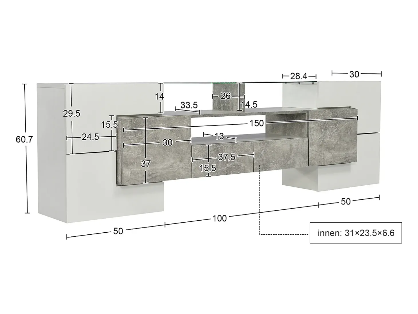 Suporte para TV de 200 cm com iluminação LED, móvel para sala de estar, design moderno, elegante superfície de vidro, cinza.