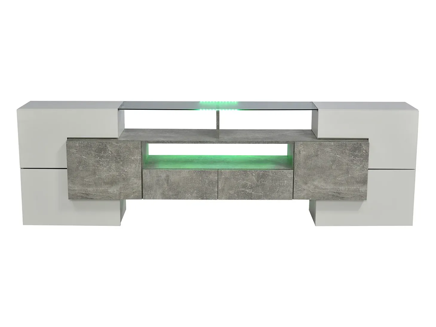 Suporte para TV de 200 cm com iluminação LED, móvel para sala de estar, design moderno, elegante superfície de vidro, cinza.