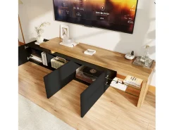 Suporte para TV de 200 cm com iluminação LED, 3 portas e prateleiras de vidro, estilo moderno e baixo, em madeira e preto.
