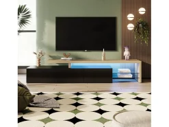 Suporte para TV de 200 cm com iluminação LED, 3 portas e prateleiras de vidro, estilo moderno e baixo, em madeira e preto.
