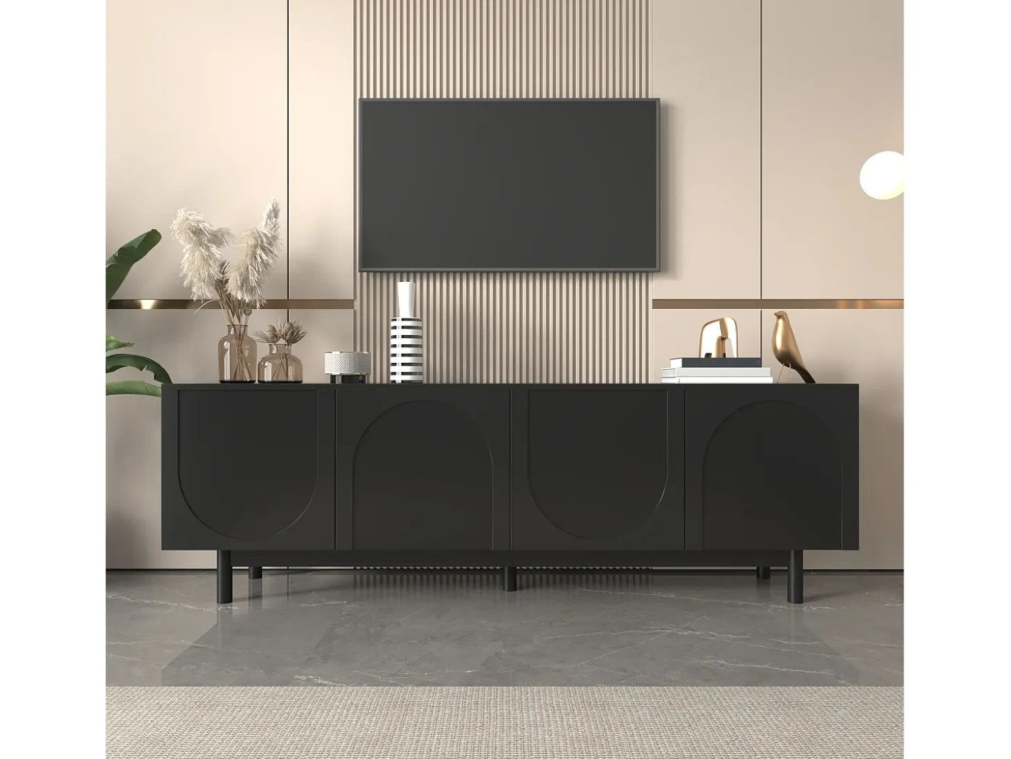 Suporte para TV de 175 cm, móvel para televisão com 4 portas sem puxadores e prateleiras ajustáveis, preto.