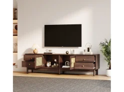 Suporte para TV de 180 cm, móvel para TV em rattan e madeira, com 4 gavetas e 2 portas, estilo retrô, marrom.