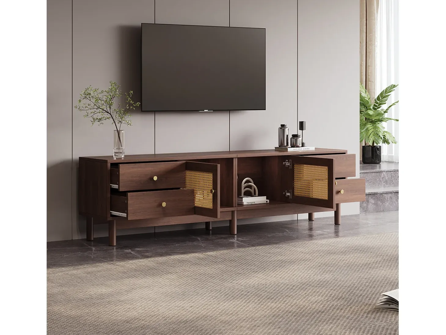 Suporte para TV de 180 cm, móvel para TV em rattan e madeira, com 4 gavetas e 2 portas, estilo retrô, marrom.