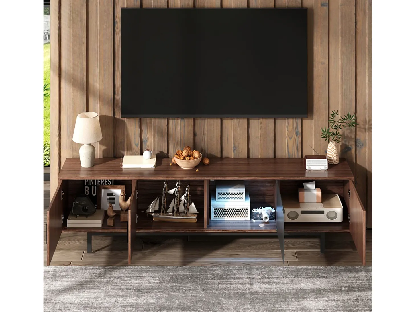 Suporte para TV de 200 cm, móvel moderno para TV com iluminação LED, 3 portas listradas e 1 porta de vidro, estrutura metálica.