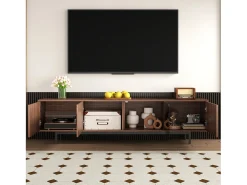 Suporte para TV de 200 cm, móvel moderno para TV com iluminação LED, 3 portas listradas e 1 porta de vidro, estrutura metálica.