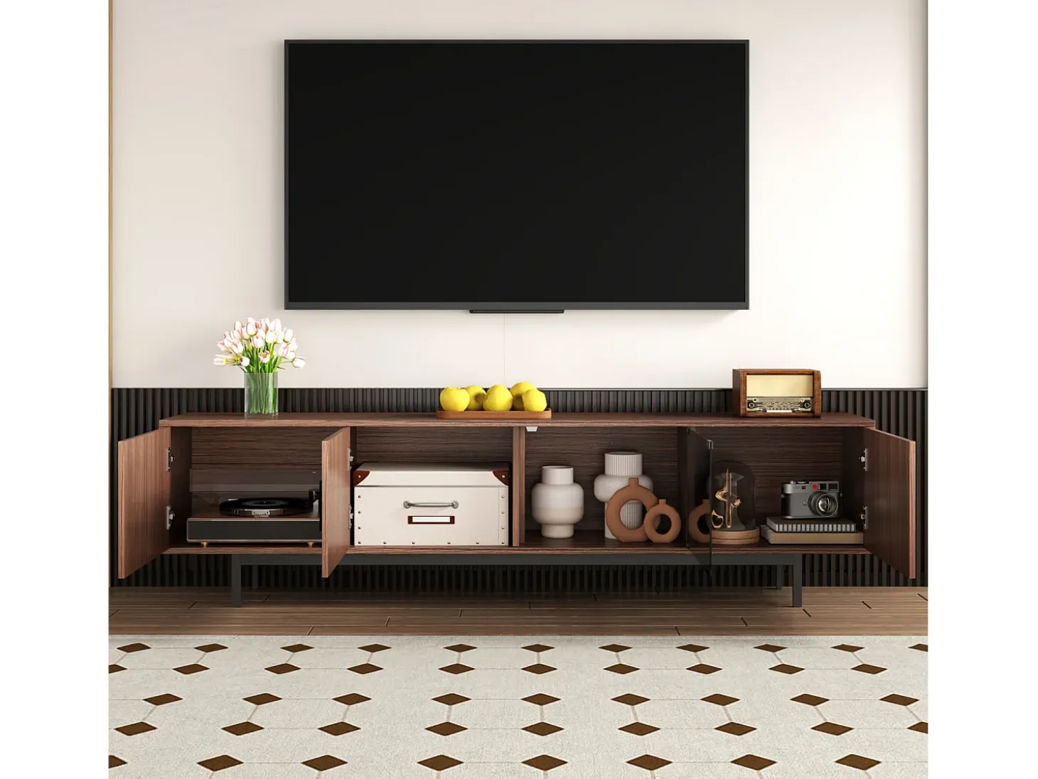 Suporte para TV de 200 cm, móvel moderno para TV com iluminação LED, 3 portas listradas e 1 porta de vidro, estrutura metálica.