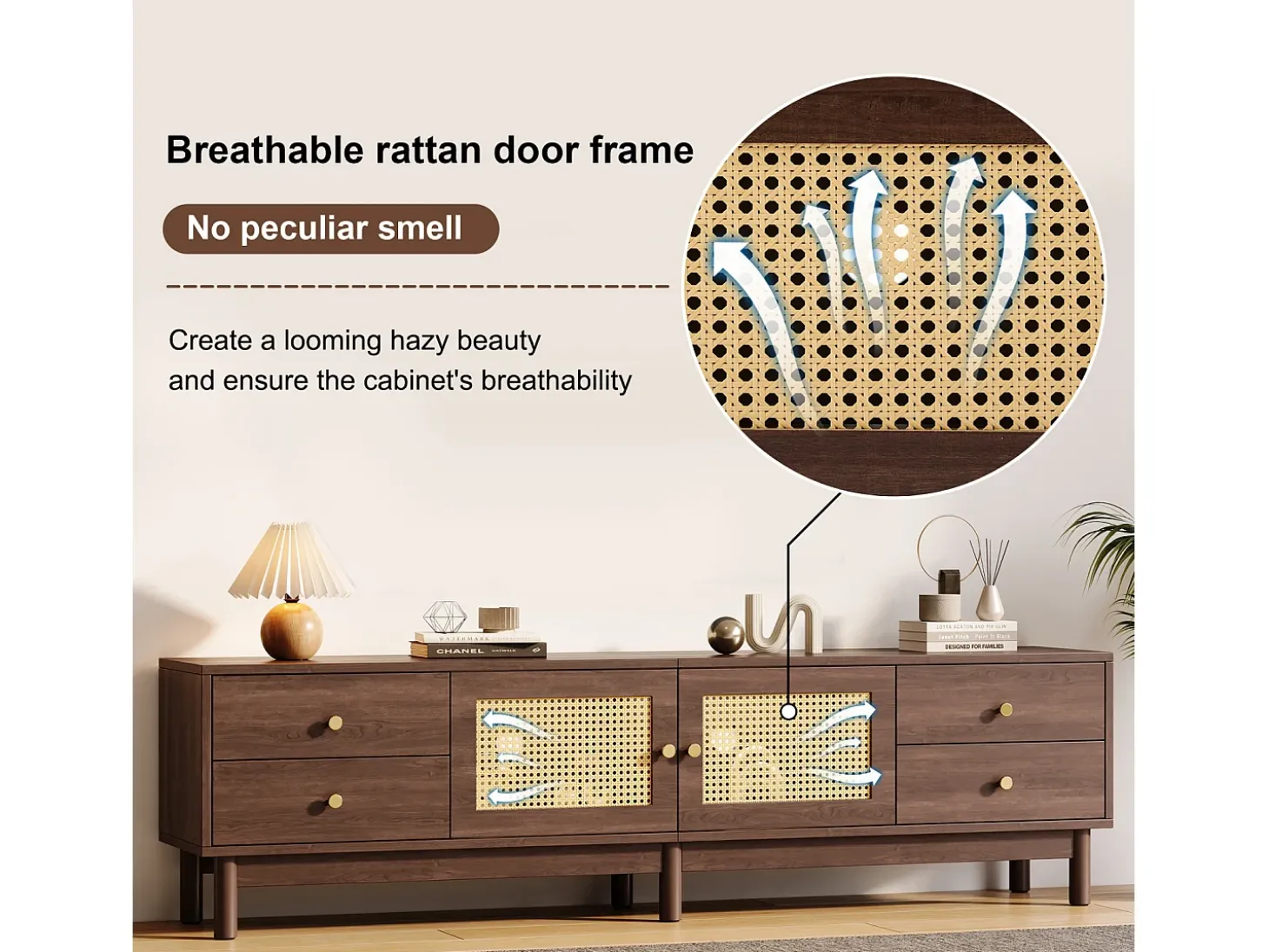 Suporte para TV de 180 cm, móvel para TV em rattan e madeira, com 4 gavetas e 2 portas, estilo retrô, marrom.