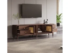 Suporte para TV de 180 cm, móvel para TV em rattan e madeira, com 4 gavetas e 2 portas, estilo retrô, marrom.