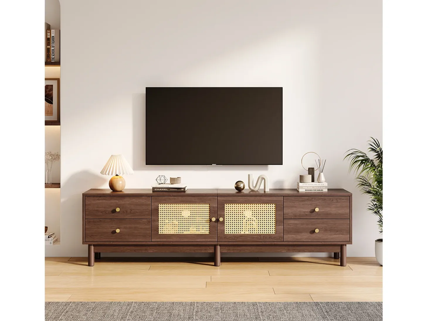 Suporte para TV de 180 cm, móvel para TV em rattan e madeira, com 4 gavetas e 2 portas, estilo retrô, marrom.