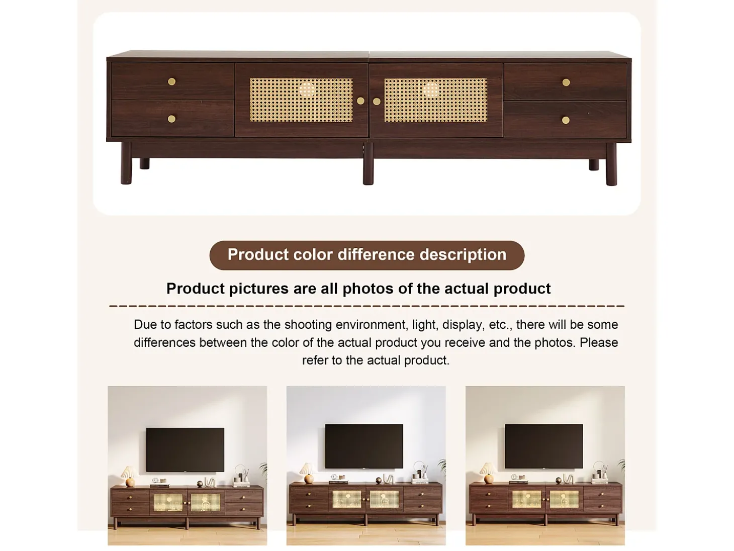 Suporte para TV de 180 cm, móvel para TV em rattan e madeira, com 4 gavetas e 2 portas, estilo retrô, marrom.