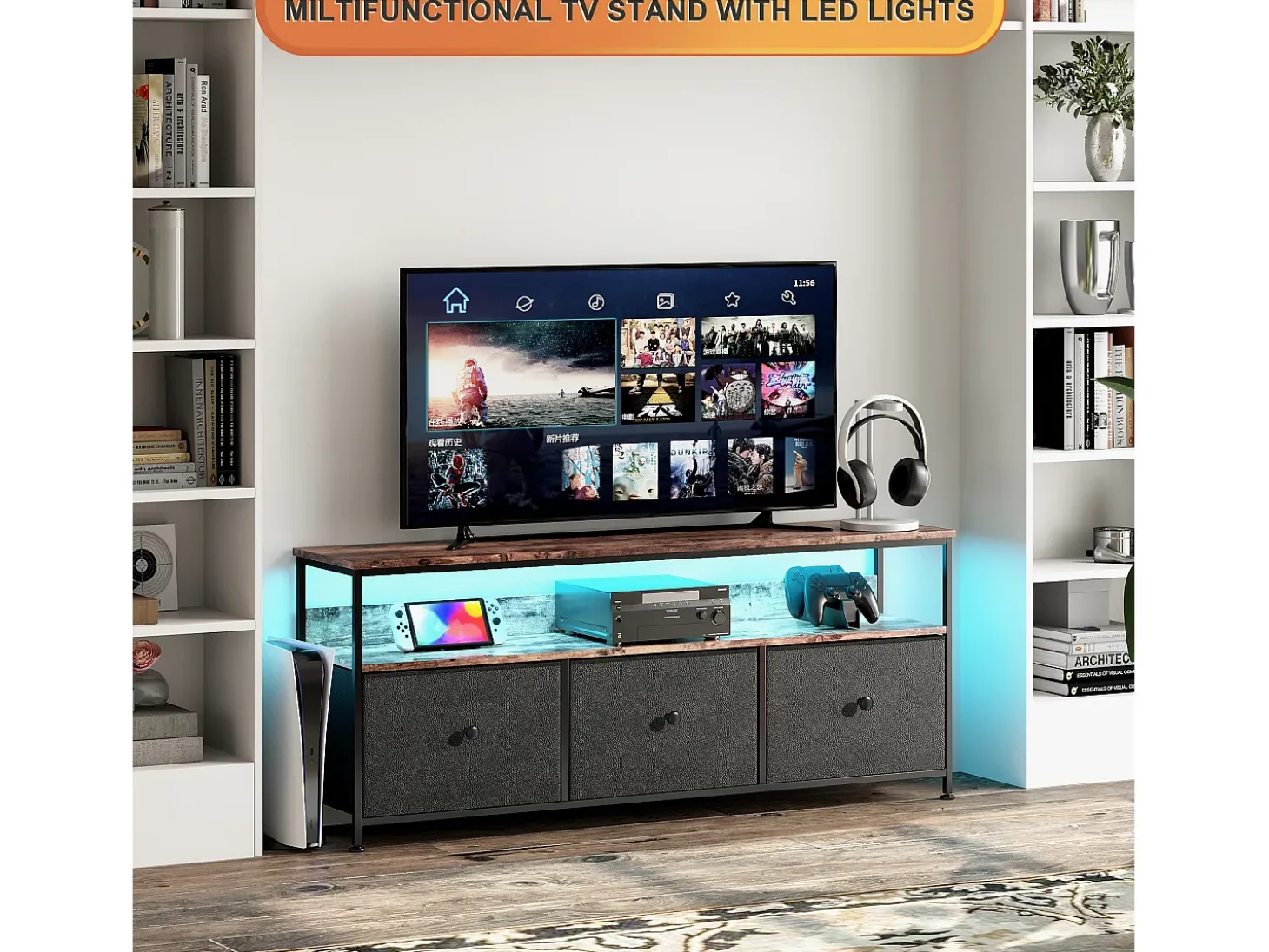 Suporte para TV de 137 x 30 x 57 cm, com iluminação LED e gavetas, com espaço de armazenamento, preto.