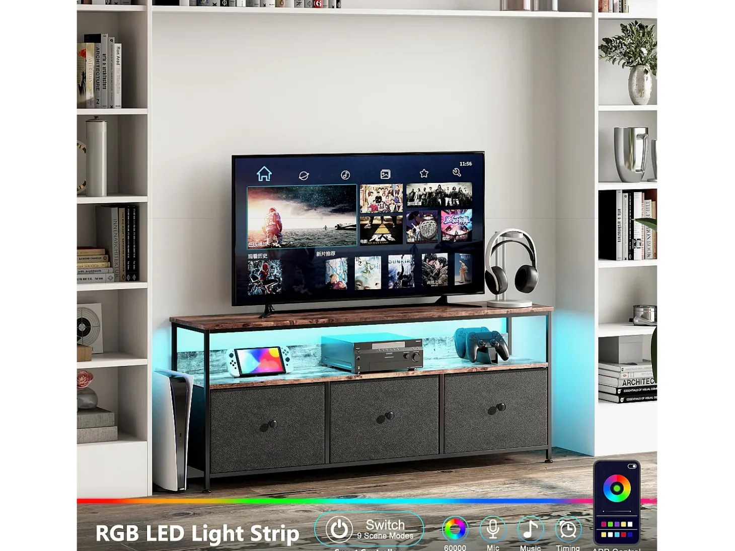 Suporte para TV de 108 x 30 x 57 cm, com iluminação LED e gavetas, com espaço de armazenamento, preto.