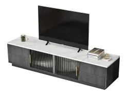 Suporte para TV de 160 x 40 x 38,5 cm para TVs de 70 polegadas - tampo cinza com efeito mármore - 4 gavetas e 2 portas de vidro deslizantes - cinza