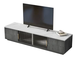 Suporte para TV de 160 x 40 x 38,5 cm para TVs de 70 polegadas - tampo cinza com efeito mármore - 4 gavetas e 2 portas de vidro deslizantes - cinza