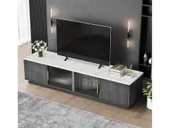 Suporte para TV de 160 x 40 x 38,5 cm para TVs de 70 polegadas - tampo cinza com efeito mármore - 4 gavetas e 2 portas de vidro deslizantes - cinza