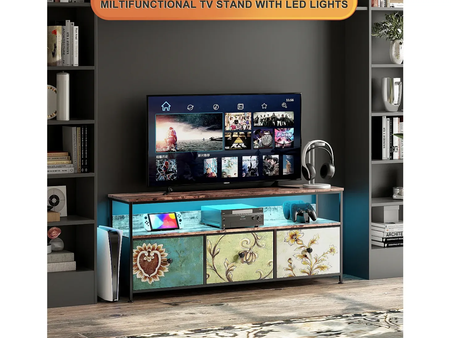 Suporte para TV de 108 x 30 x 57 cm, com iluminação LED e gavetas, com espaço de armazenamento, multicolorido.