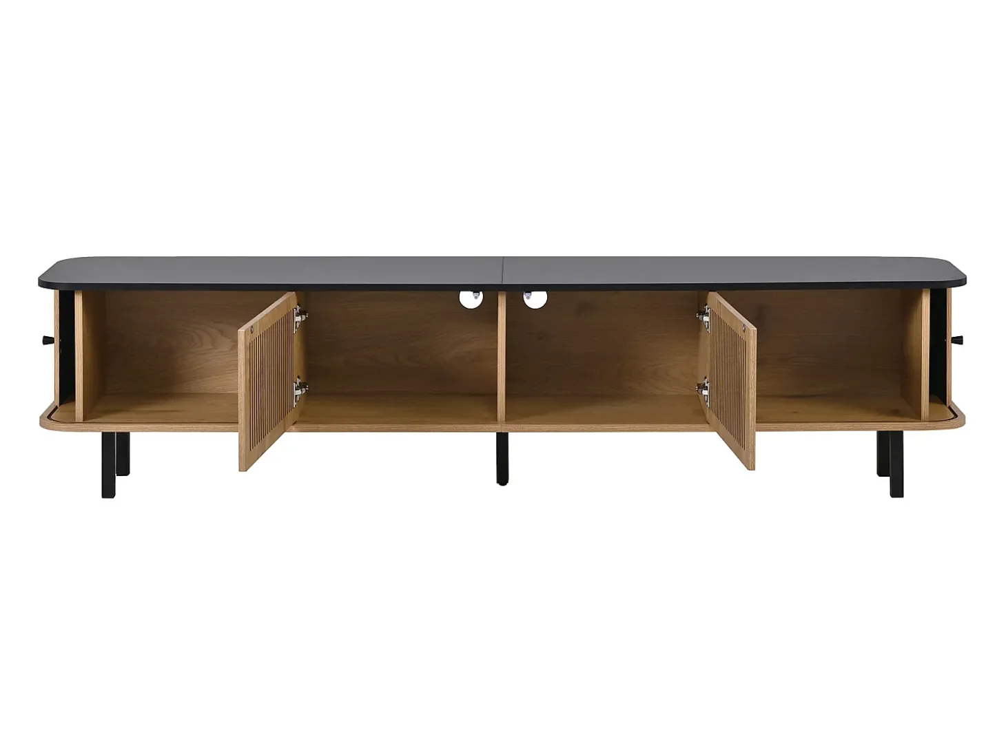 Suporte para TV de 190x35x45 cm com 2 portas de correr e 2 portas de tela metálica - Cor: Madeira e preto