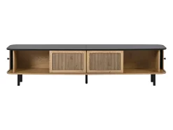 Suporte para TV de 190x35x45 cm com 2 portas de correr e 2 portas de tela metálica - Cor: Madeira e preto