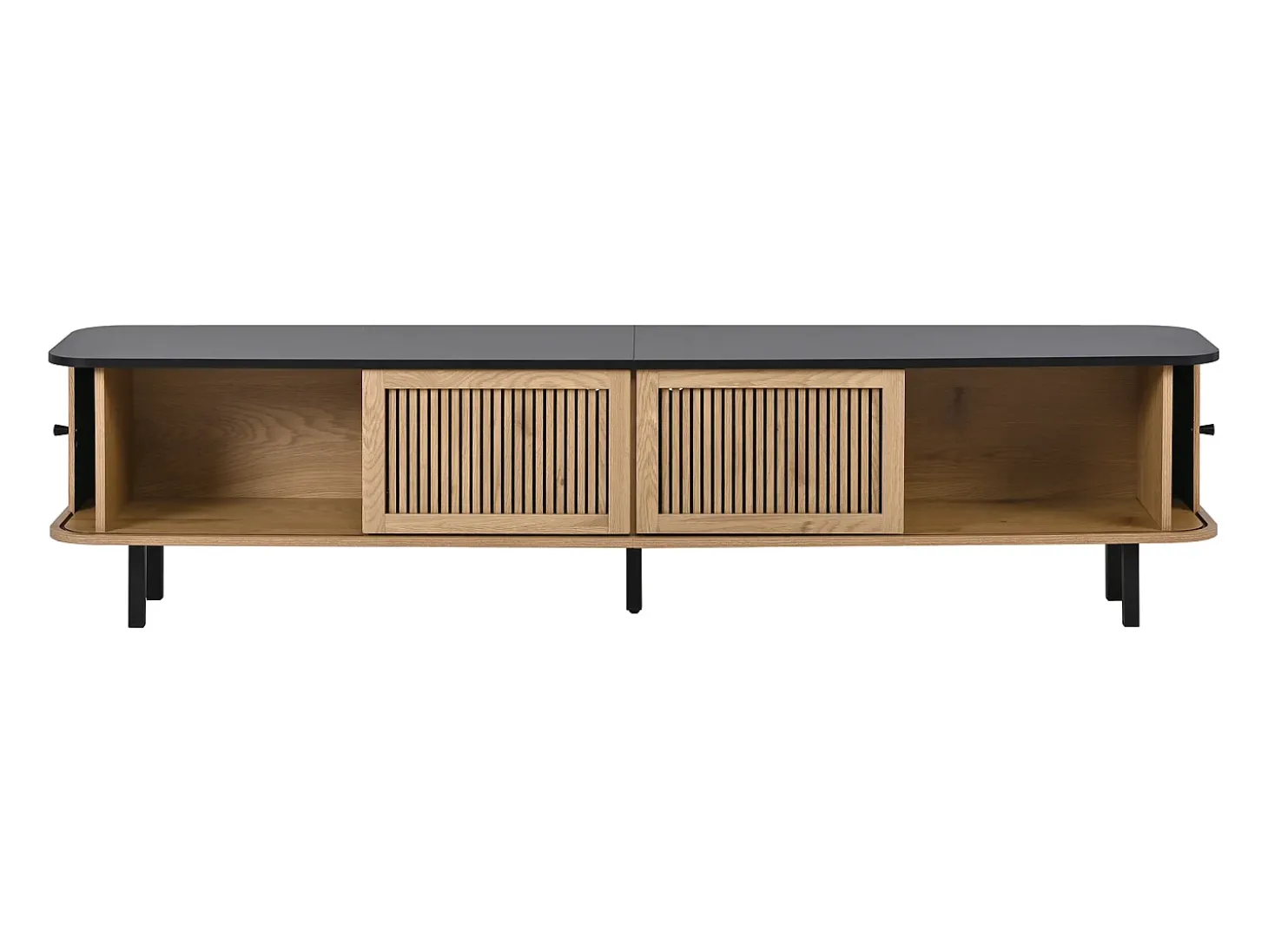 Suporte para TV de 190x35x45 cm com 2 portas de correr e 2 portas de tela metálica - Cor: Madeira e preto