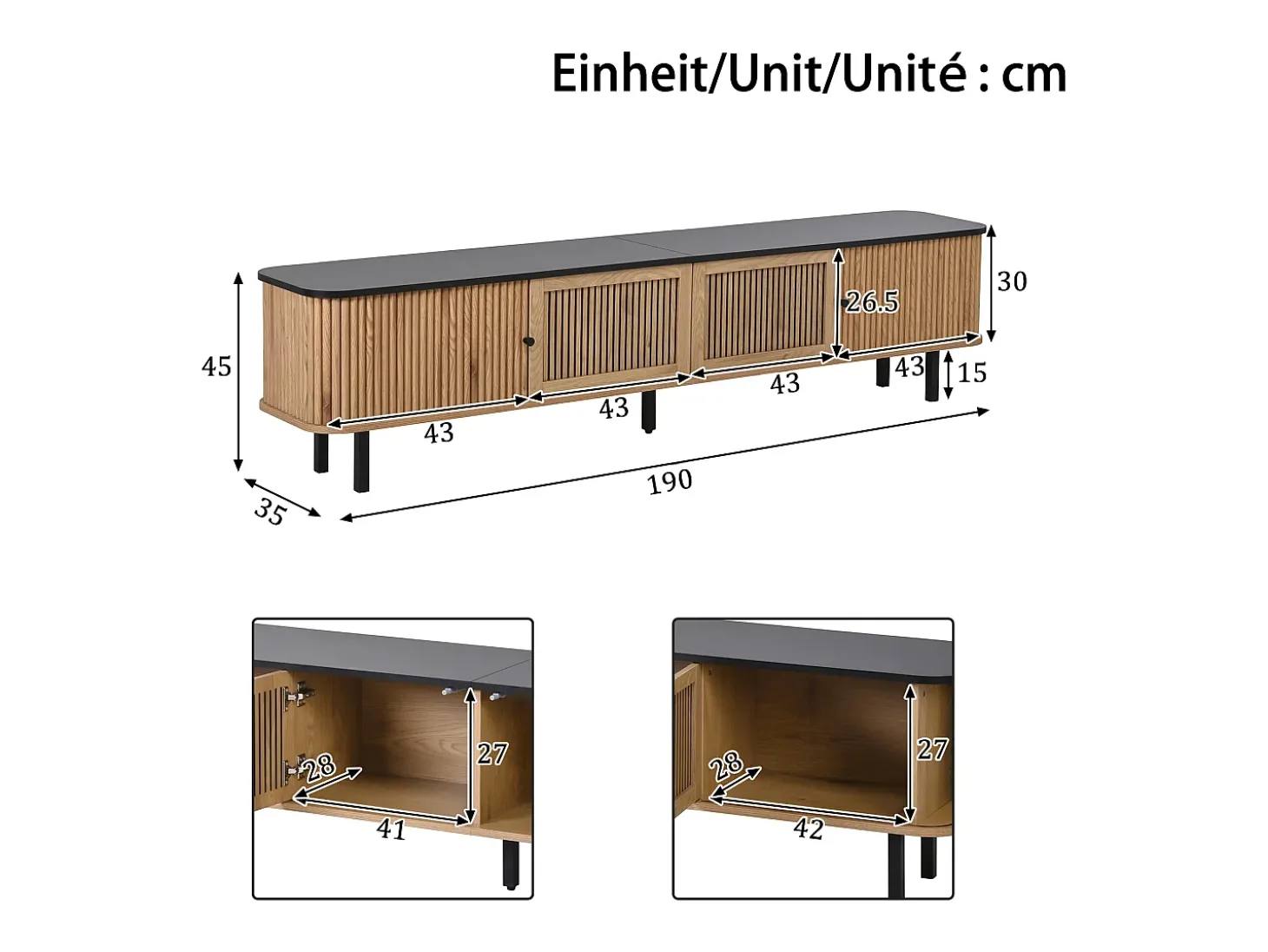 Suporte para TV de 190x35x45 cm com 2 portas de correr e 2 portas de tela metálica - Cor: Madeira e preto