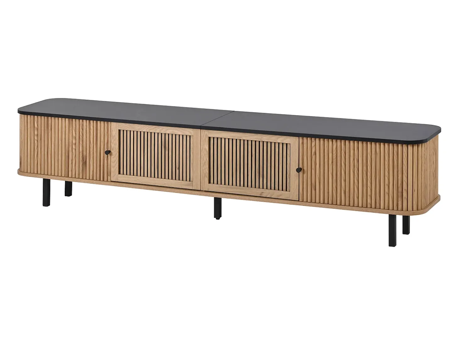 Suporte para TV de 190x35x45 cm com 2 portas de correr e 2 portas de tela metálica - Cor: Madeira e preto