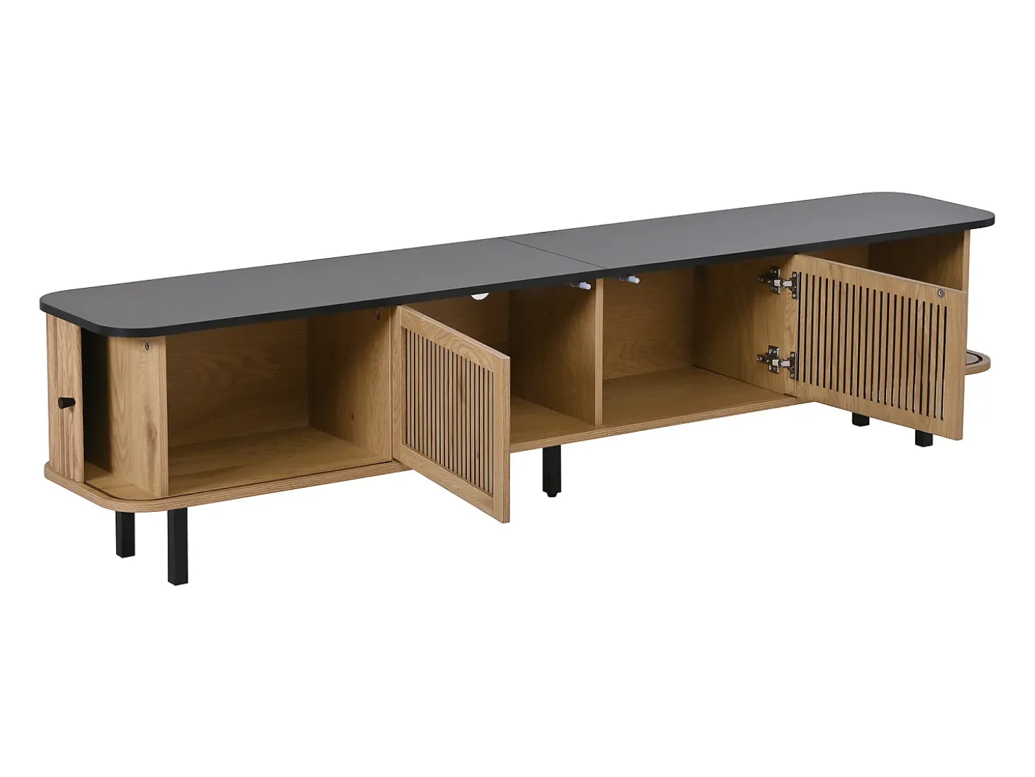 Suporte para TV de 190x35x45 cm com 2 portas de correr e 2 portas de tela metálica - Cor: Madeira e preto
