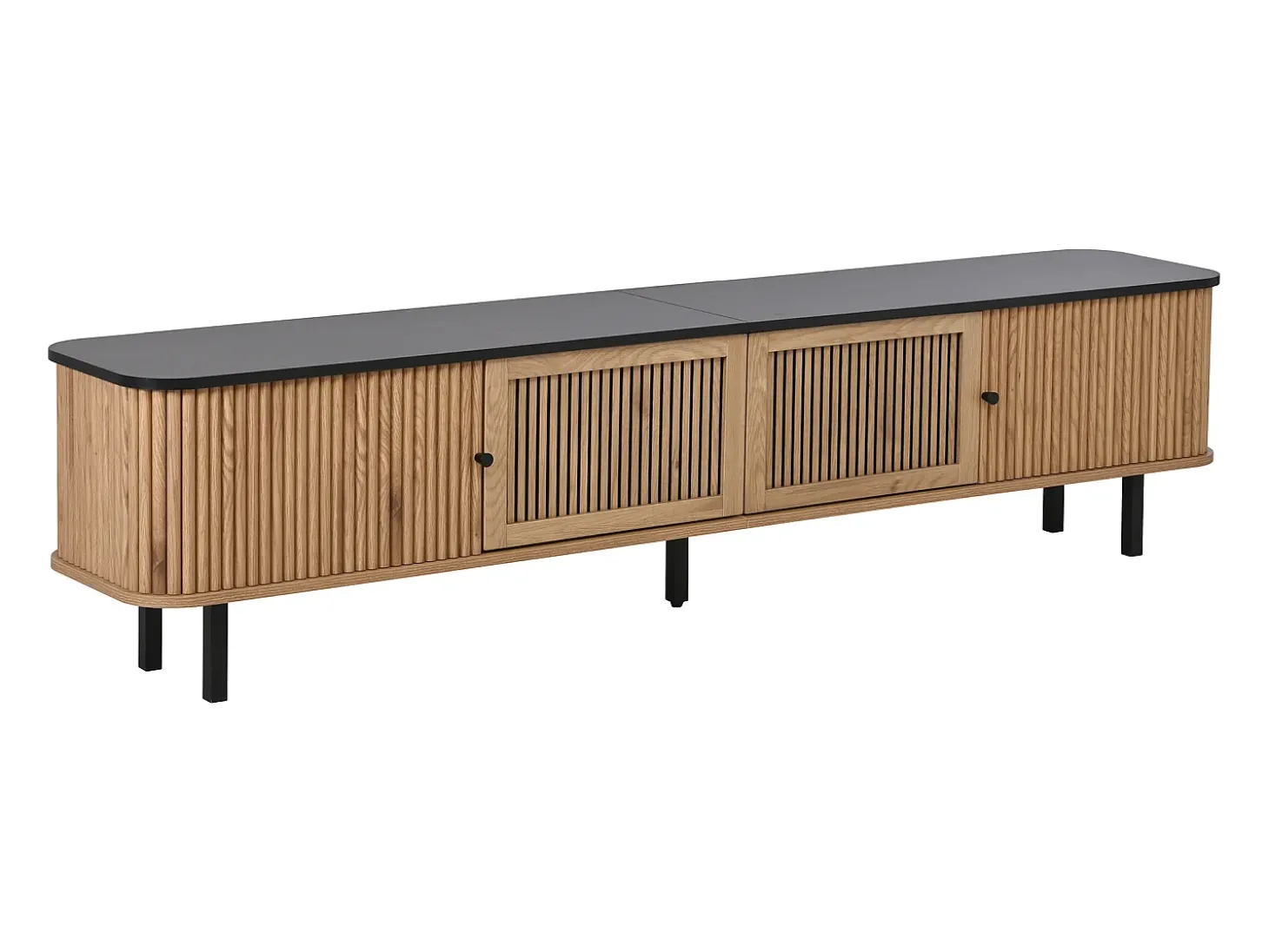 Suporte para TV de 190x35x45 cm com 2 portas de correr e 2 portas de tela metálica - Cor: Madeira e preto