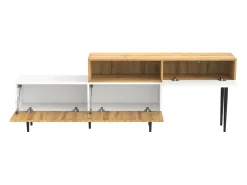 Suporte para TV em madeira e branco - Suporte para TV com 2 portas retráteis e pés em metal - Arrumação aberta