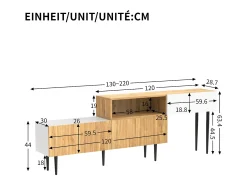 Suporte para TV em madeira e branco - Suporte para TV com 2 portas retráteis e pés em metal - Arrumação aberta