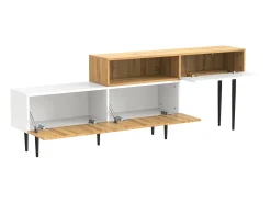 Suporte para TV em madeira e branco - Suporte para TV com 2 portas retráteis e pés em metal - Arrumação aberta